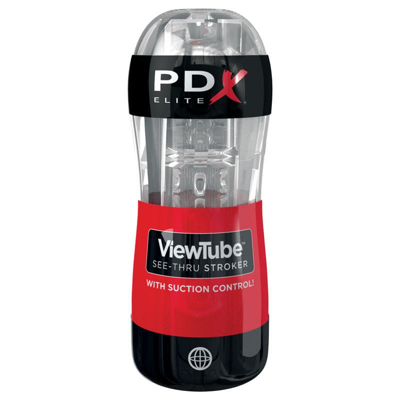 Front view of the PDX Elite ViewTube Stroker male masturbator showing the transparent design and internal texture | Flirty Bay adult store Perth